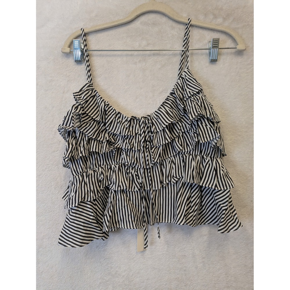 Mustard Seed Womens Black White Striped Ruffle Tiered Crop Cami Top Size M